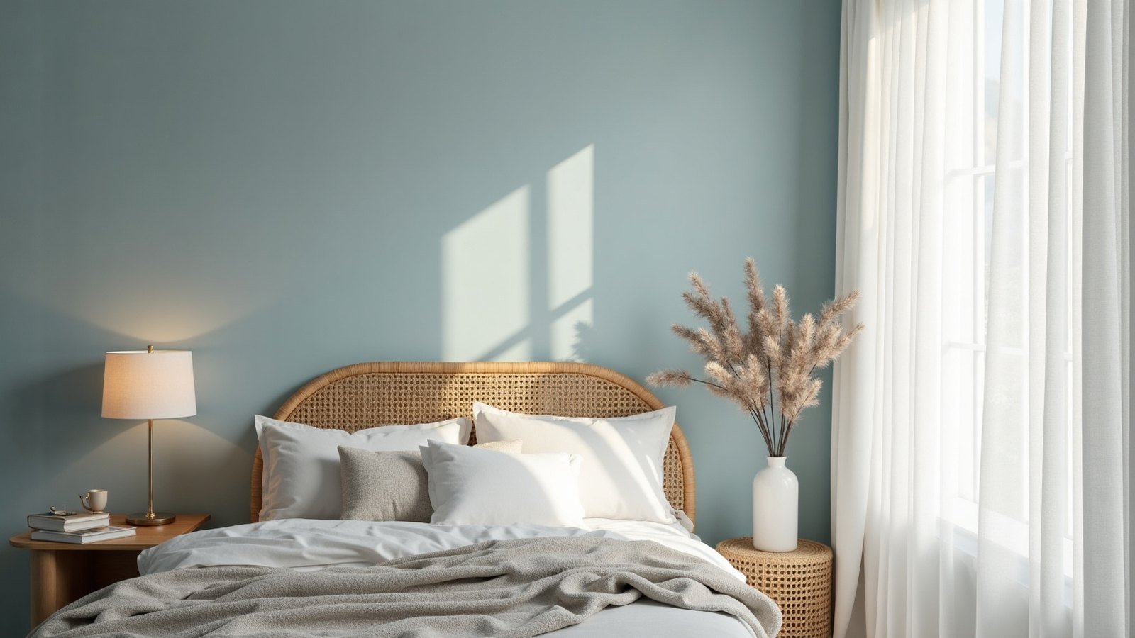 Coin chambre apaisant avec mur bleu poudré et tête de lit en rotin