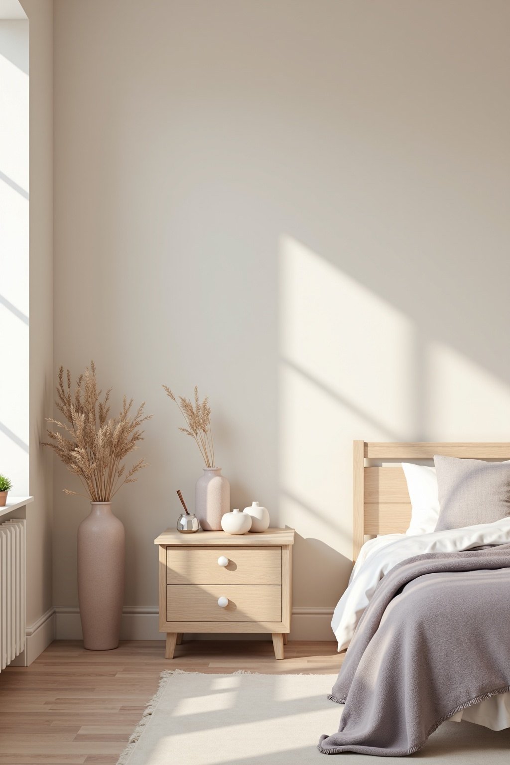 Chambre cocon aux tons greige et lavande grisée, format vertical