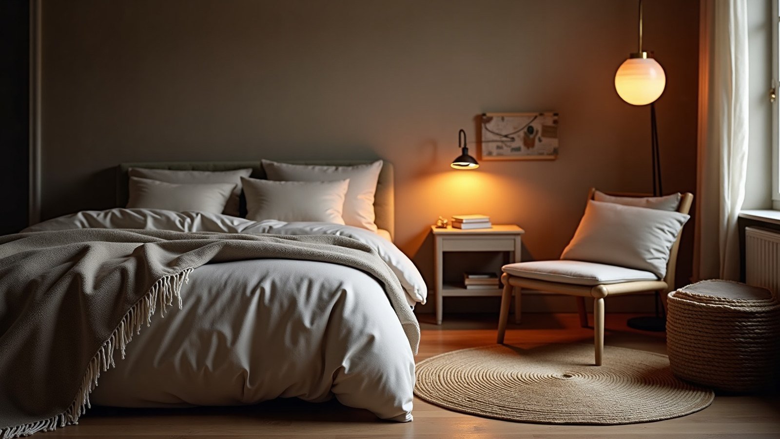 Ambiance chambre cosy et enveloppante au crépuscule Coin chambre cosy avec applique en laiton, plaid en laine et tapis tressé