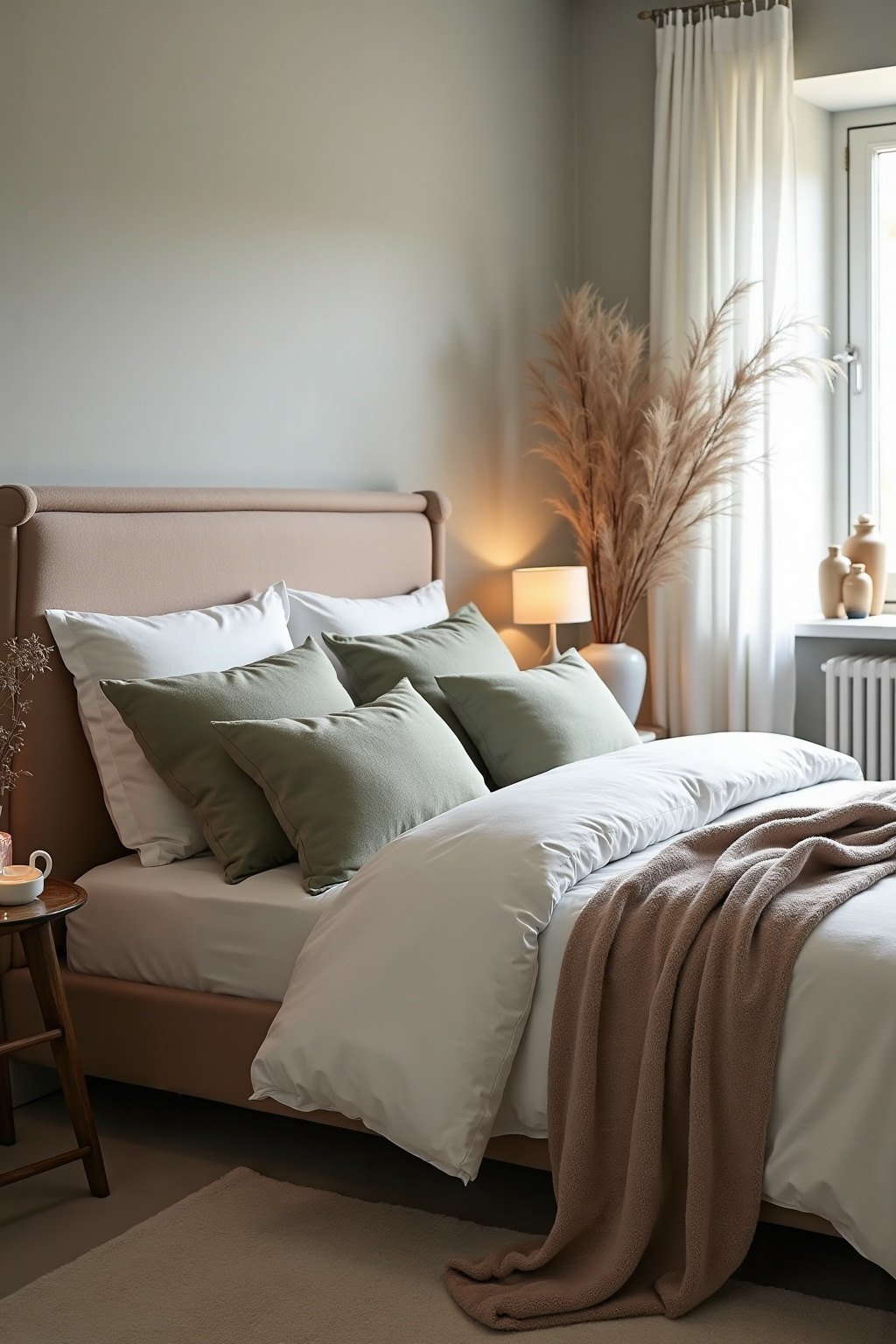 Chambre cosy apaisante aux tons sauge et greige avec tête de lit capitonnée, format vertical