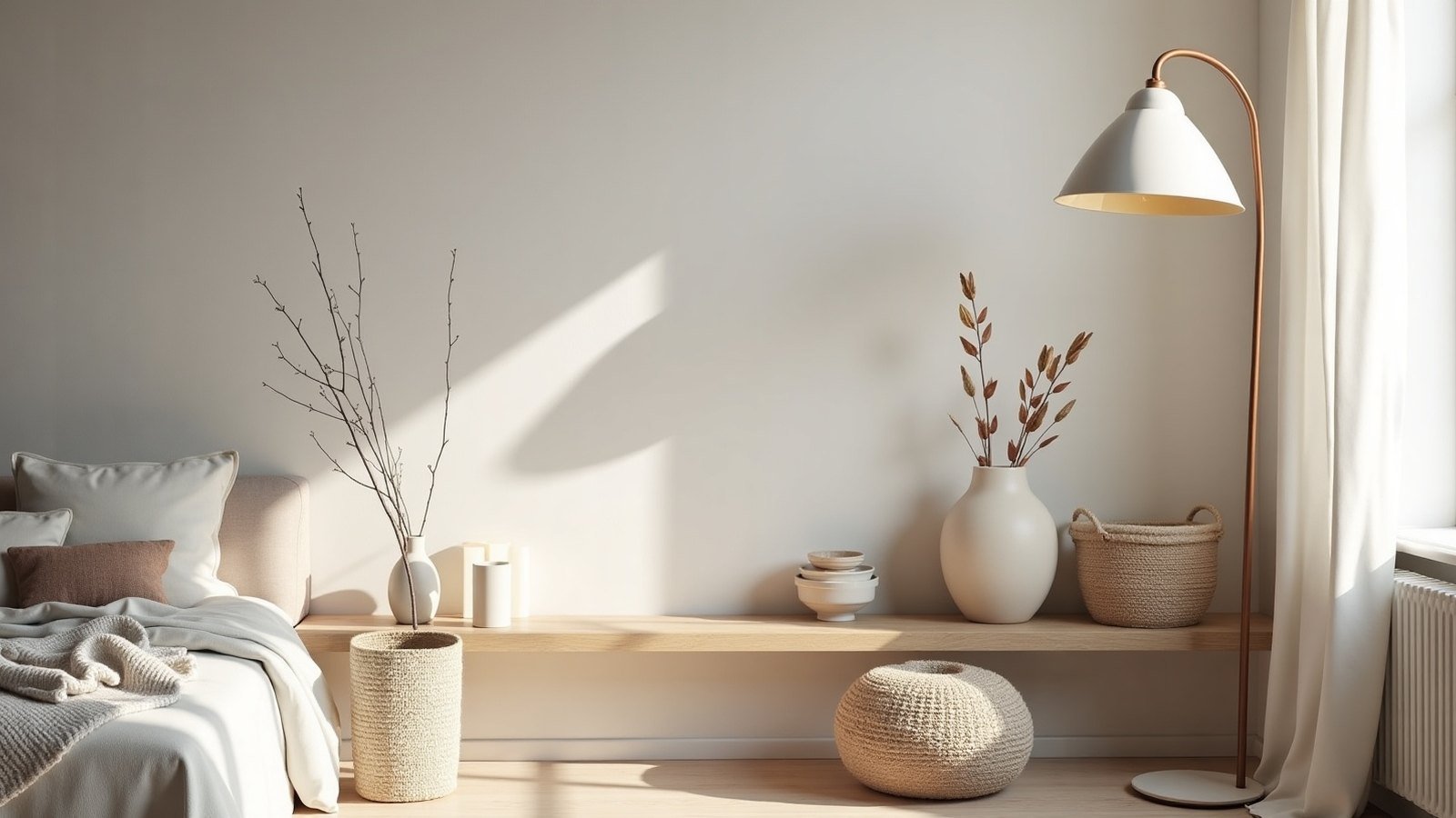 Coin salon scandinave chaleureux avec étagère en chêne, bougies et plaid en laine