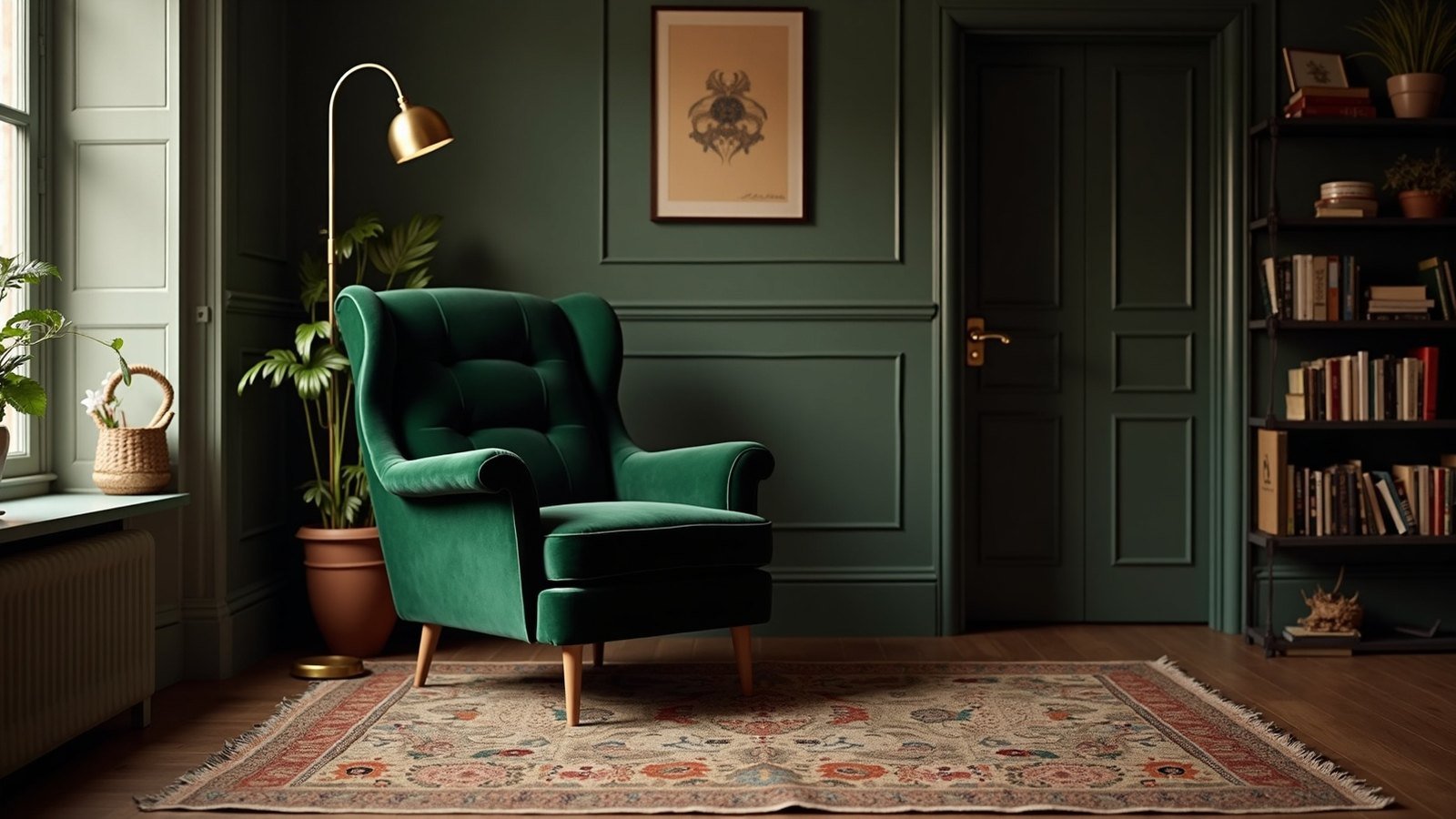 Coin salon cosy avec fauteuil en velours vert et lampadaire en laiton