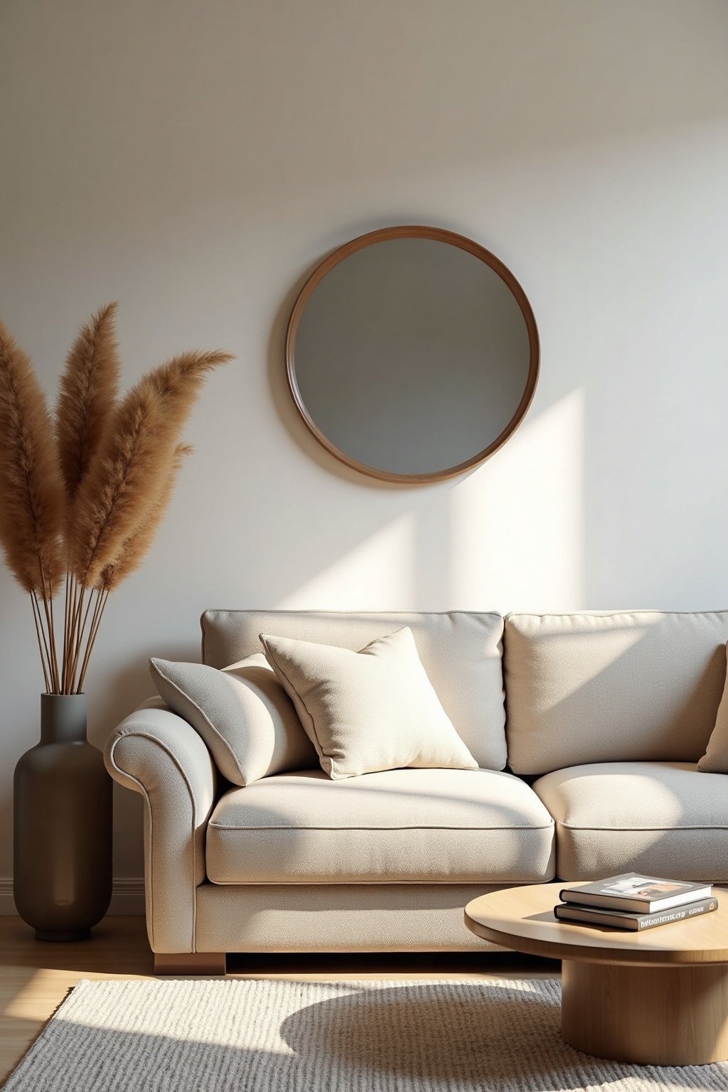 Salon scandinave épuré avec canapé bouclé et miroir rond, format vertical