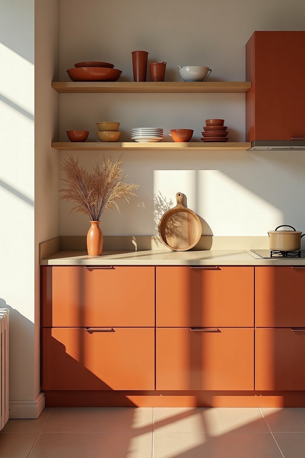 Cuisine bicolore crème et terracotta avec étagères en bois, format vertical