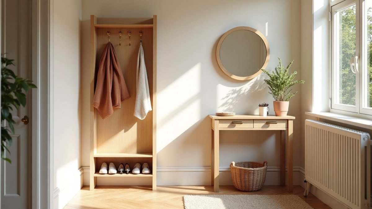 Entrée de maison rangée et lumineuse avec meuble à chaussures, patères et console étroite
