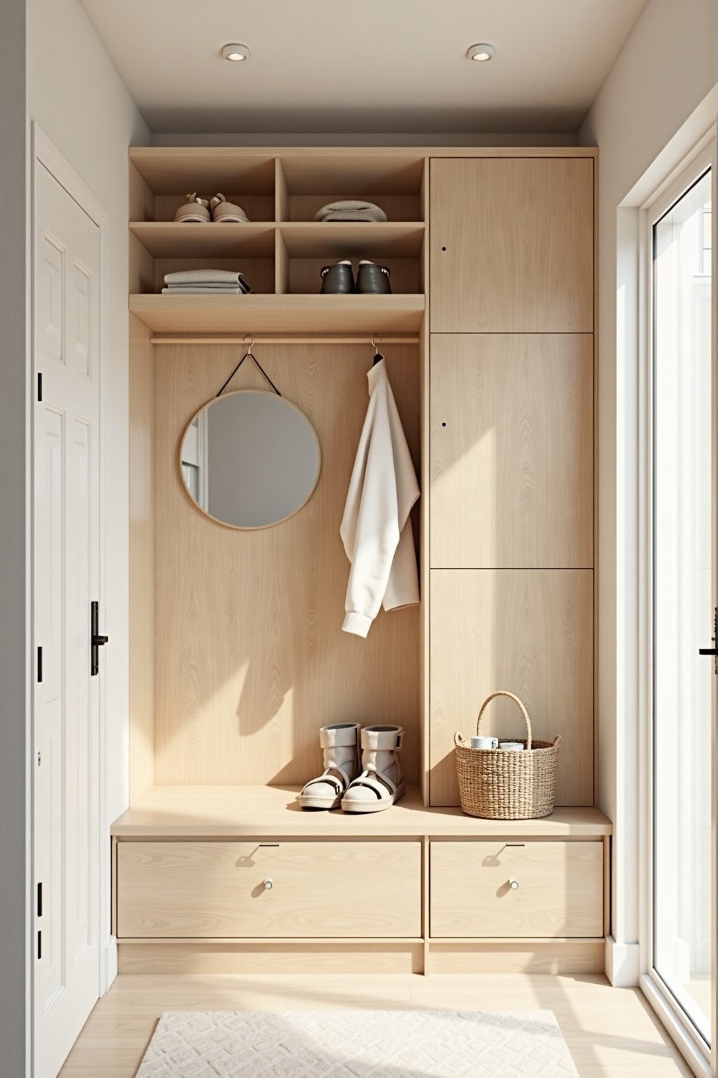 Entrée étroite avec vestiaire sur mesure en bois clair et miroir rond, format vertical