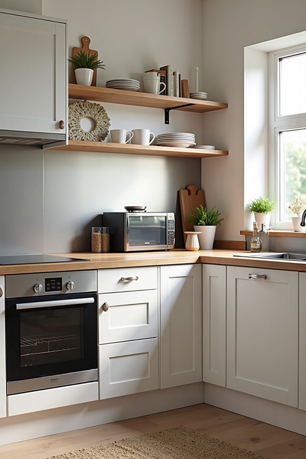 Petite cuisine rénovée à petit budget avec façades repeintes et crédence inox, format vertical
