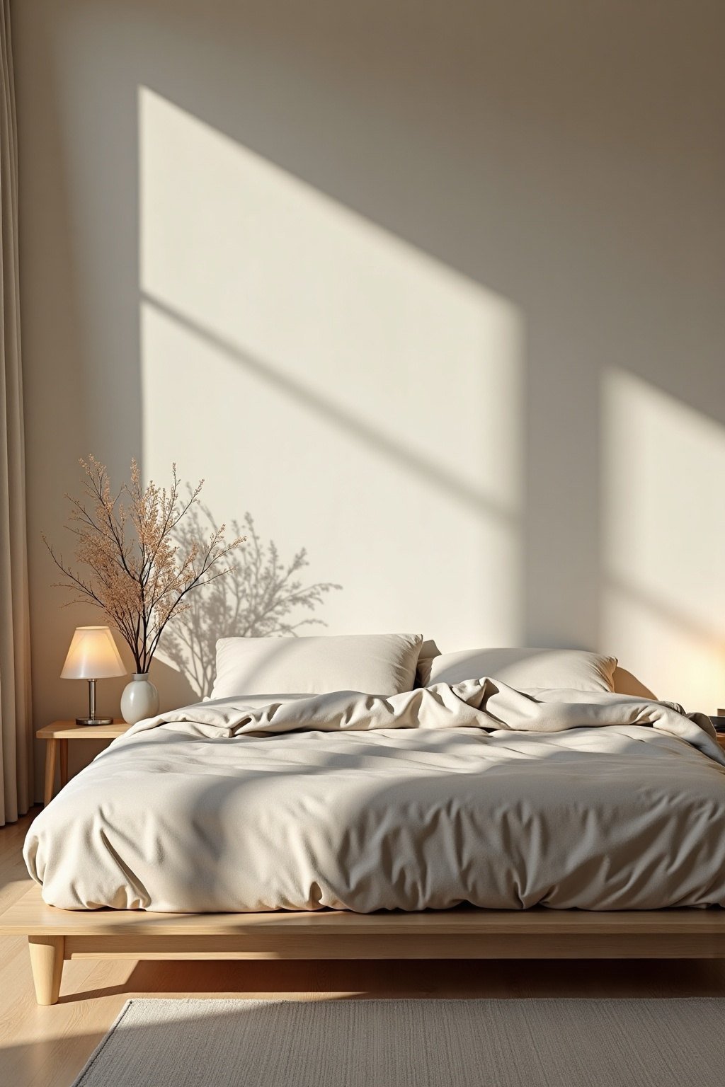 Chambre japandi épurée avec lit bas et linge de lit en lin greige, format vertical